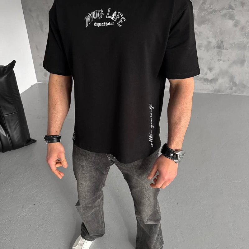 Baskılı Oversize T-Shirt - Siyah -