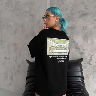 Baskılı Oversize T-Shirt - Siyah -