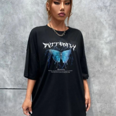 Baskılı Oversize T-Shirt - Siyah -