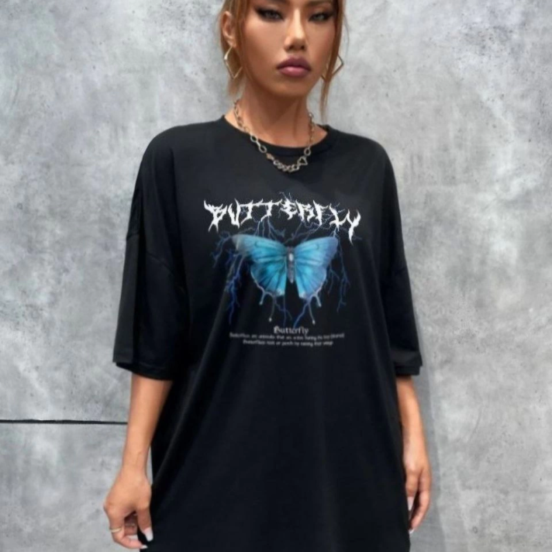 Baskılı Oversize T-Shirt - Siyah -