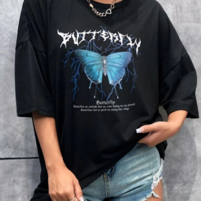 Baskılı Oversize T-Shirt - Siyah -