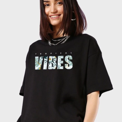 Baskılı Oversize T-shirt - Siyah -