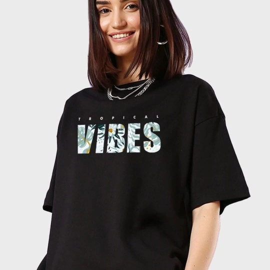 Baskılı Oversize T-shirt - Siyah -