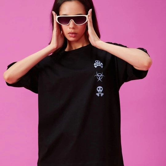 Baskılı Oversize T-shirt - Siyah -