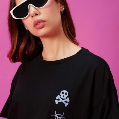 Baskılı Oversize T-shirt - Siyah -
