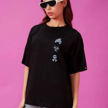 Baskılı Oversize T-shirt - Siyah -