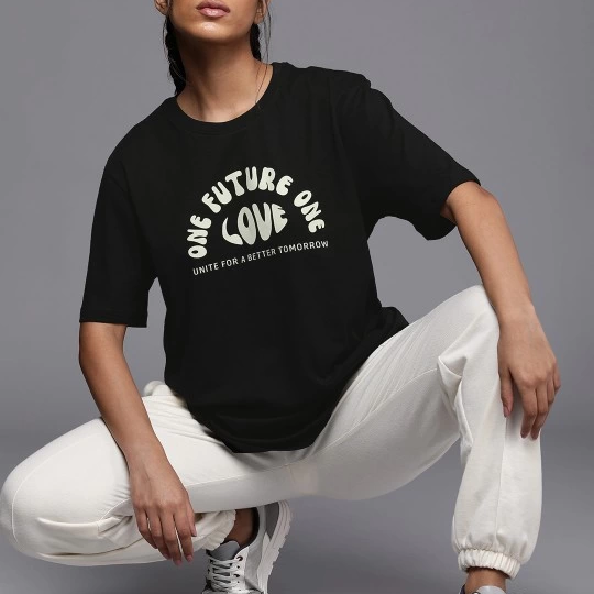 Baskılı Oversize T-shirt - Siyah -