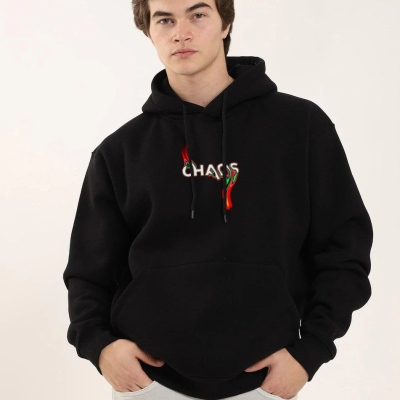 Baskılı Oversize Üç İplik Kapüşonlu Sweatshirt - Siyah