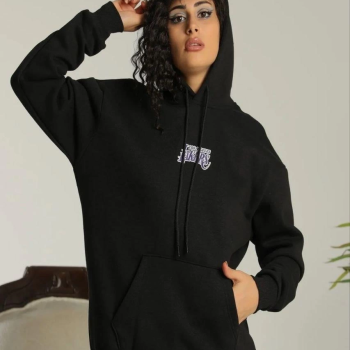 Baskılı Oversize Üç İplik Kapüşonlu Sweatshirt - Siyah