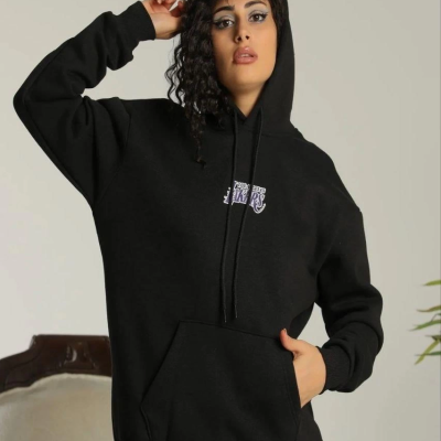 Baskılı Oversize Üç İplik Kapüşonlu Sweatshirt - Siyah