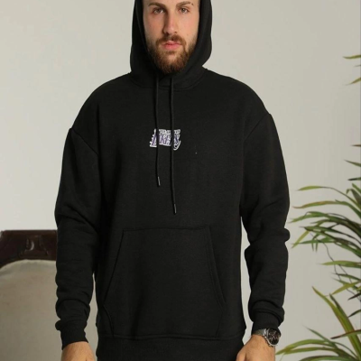 Baskılı Oversize Üç İplik Kapüşonlu Sweatshirt - Siyah
