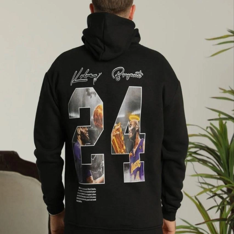 Baskılı Oversize Üç İplik Kapüşonlu Sweatshirt - Siyah