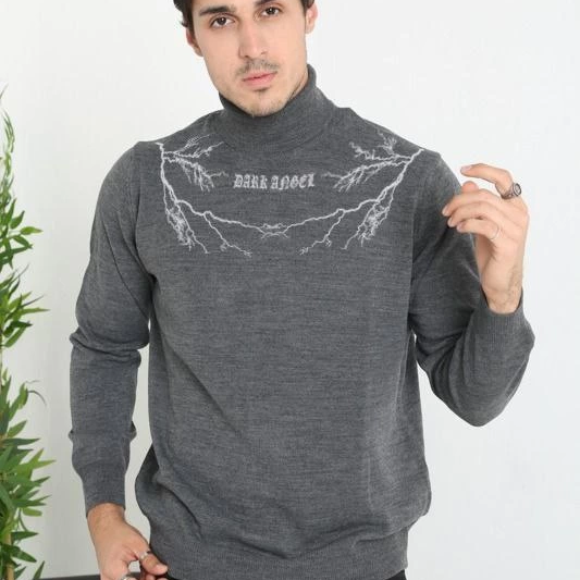 Baskılı Tam Boğazlı Uzun Kol Dokuma Triko - Antrasit