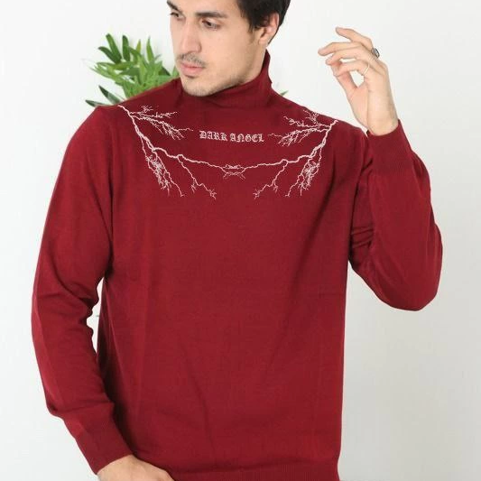 Baskılı Tam Boğazlı Uzun Kol Dokuma Triko - Bordo