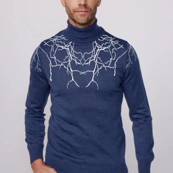 Baskılı Tam Boğazlı Uzun Kol Dokuma Triko - Indigo