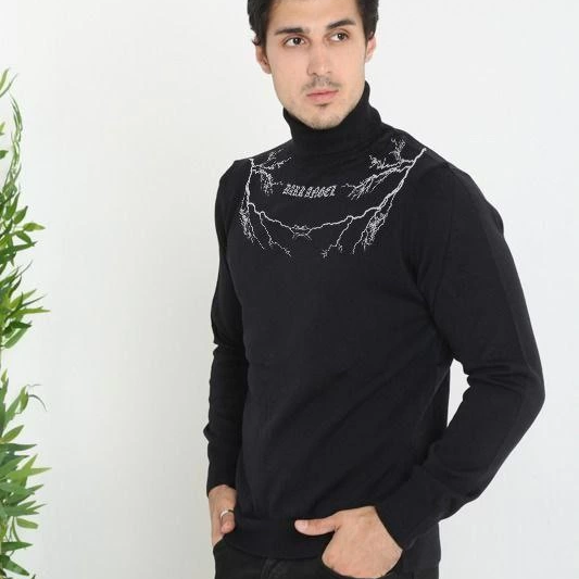 Baskılı Tam Boğazlı Uzun Kol Dokuma Triko - Siyah