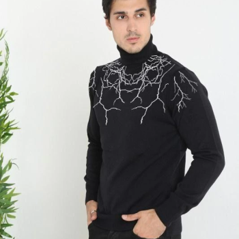 Baskılı Tam Boğazlı Uzun Kol Dokuma Triko - Siyah