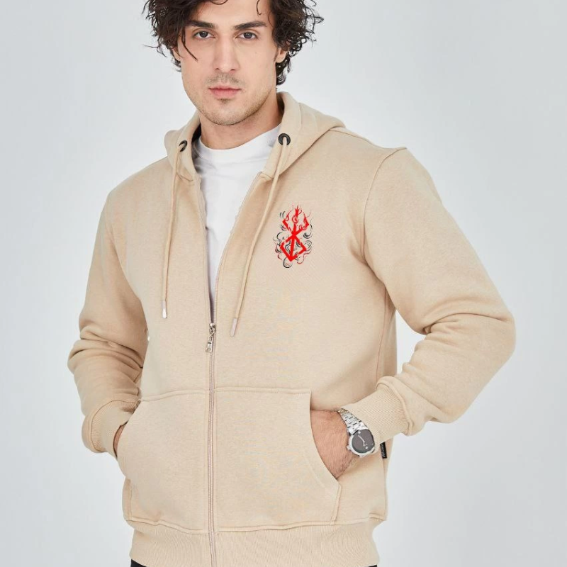 Baskılı Tam Fermuarlı Kapşonlu SweatShirt - Bej