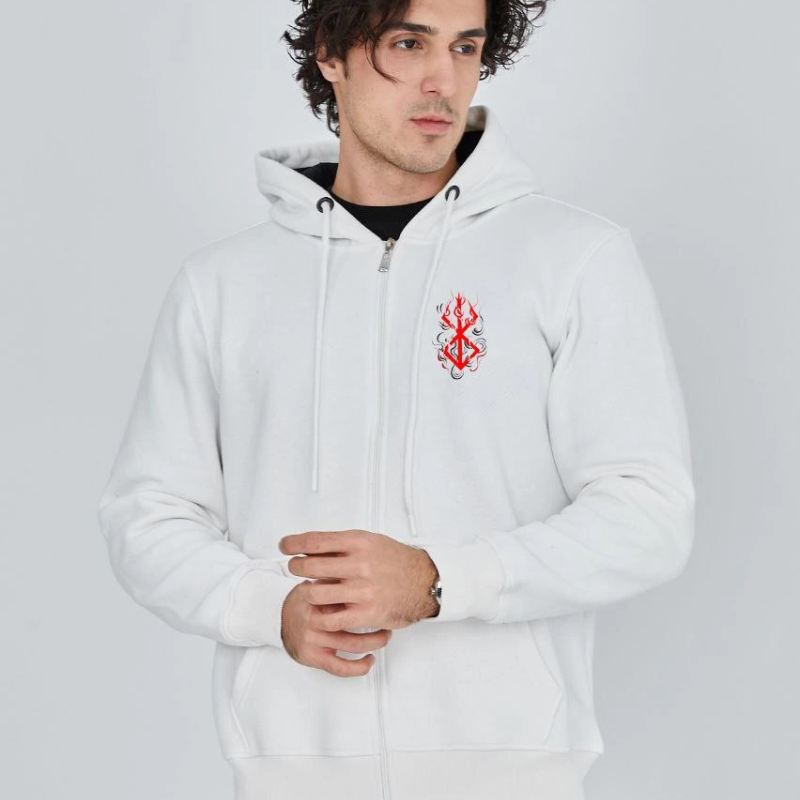 Baskılı Tam Fermuarlı Kapşonlu SweatShirt - Beyaz -
