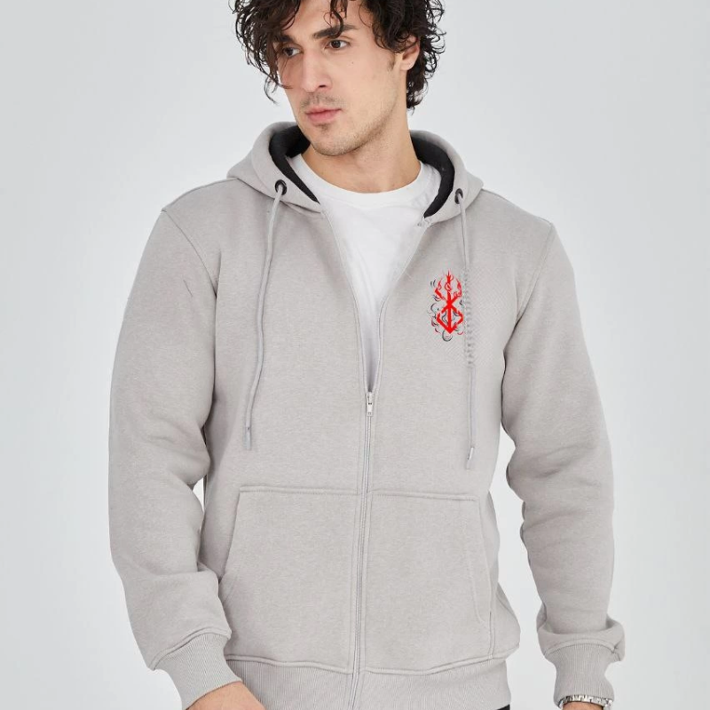 Baskılı Tam Fermuarlı Kapşonlu SweatShirt - Boyalı Gri