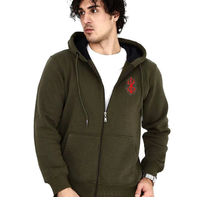 Baskılı Tam Fermuarlı Kapşonlu SweatShirt - Haki -