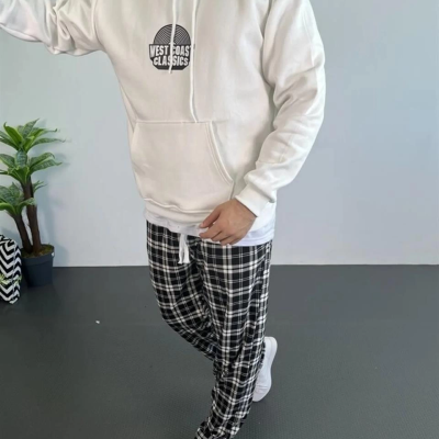 Baskılı Üç İplik Kapüşonlu Oversize Sweatshirt - Beyaz -