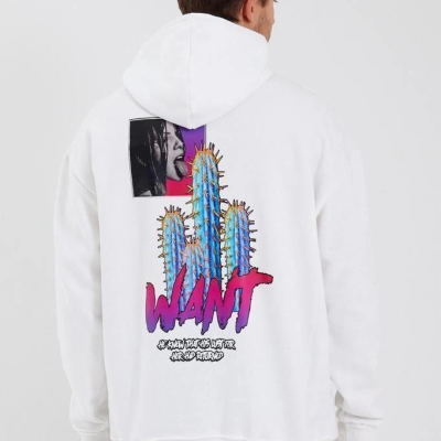 Baskılı Üç İplik Kapüşonlu Oversize Sweatshirt - Beyaz -