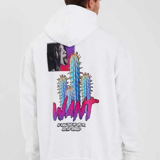 Baskılı Üç İplik Kapüşonlu Oversize Sweatshirt - Beyaz -