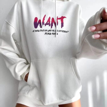 Baskılı Üç İplik Kapüşonlu Oversize Sweatshirt - Beyaz -