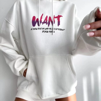 Baskılı Üç İplik Kapüşonlu Oversize Sweatshirt - Beyaz -