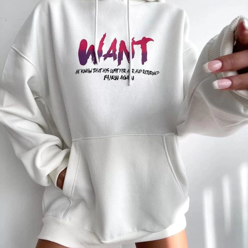 Baskılı Üç İplik Kapüşonlu Oversize Sweatshirt - Beyaz -