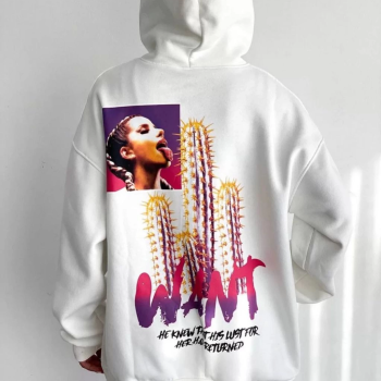 Baskılı Üç İplik Kapüşonlu Oversize Sweatshirt - Beyaz -