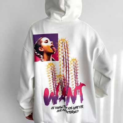 Baskılı Üç İplik Kapüşonlu Oversize Sweatshirt - Beyaz -