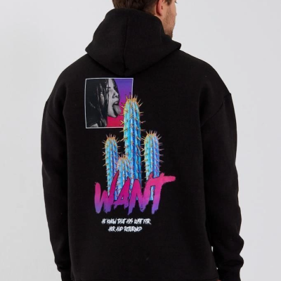 Baskılı Üç İplik Kapüşonlu Oversize Sweatshirt - Siyah -