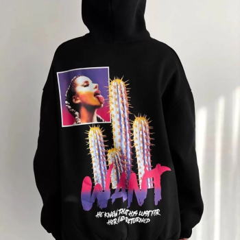 Baskılı Üç İplik Kapüşonlu Oversize Sweatshirt - Siyah -