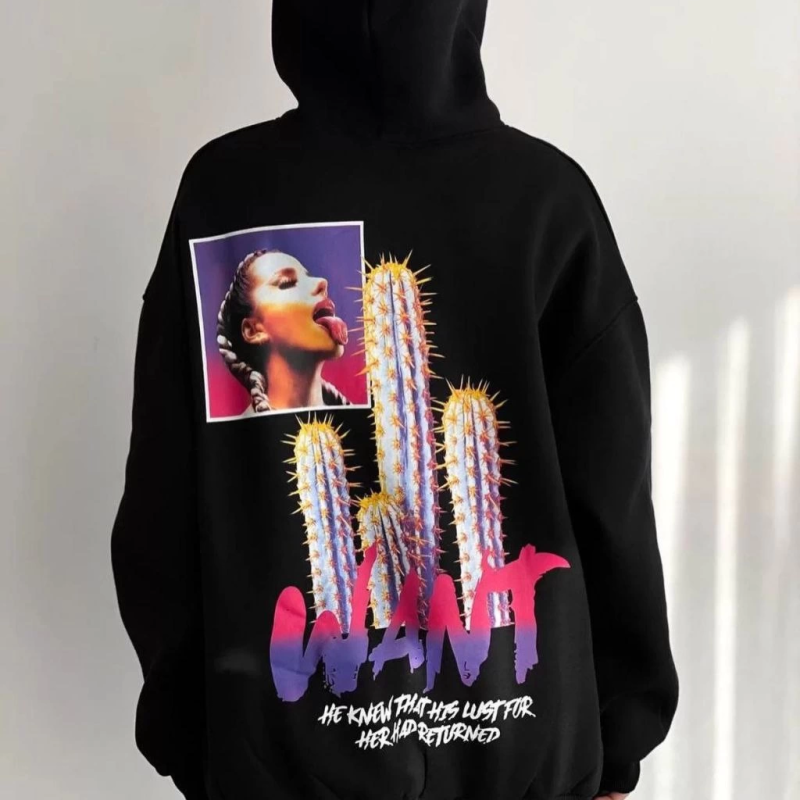 Baskılı Üç İplik Kapüşonlu Oversize Sweatshirt - Siyah -