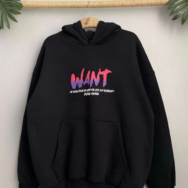 Baskılı Üç İplik Kapüşonlu Oversize Sweatshirt - Siyah -