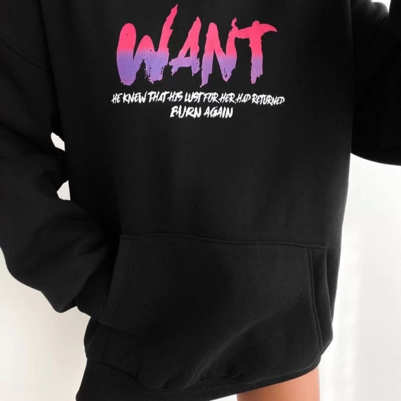 Baskılı Üç İplik Kapüşonlu Oversize Sweatshirt - Siyah -