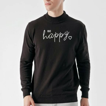 Baskılı Uzun Kol Yarım Boğazlı Dokuma Triko - Siyah