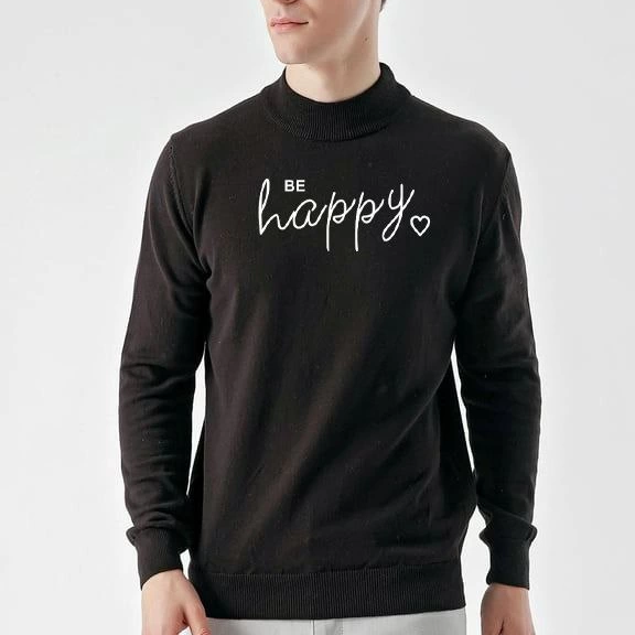 Baskılı Uzun Kol Yarım Boğazlı Dokuma Triko - Siyah