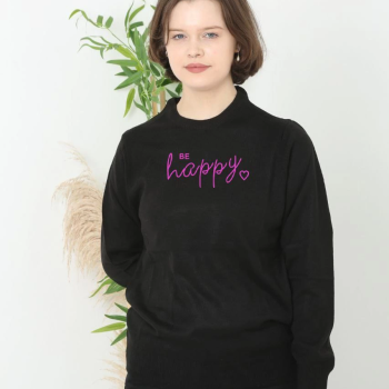 Baskılı Uzun Kol Yarım Boğazlı Dokuma Triko - Siyah