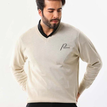 Baskılı V Yaka Uzun Kol Dokuma Triko - Bej -