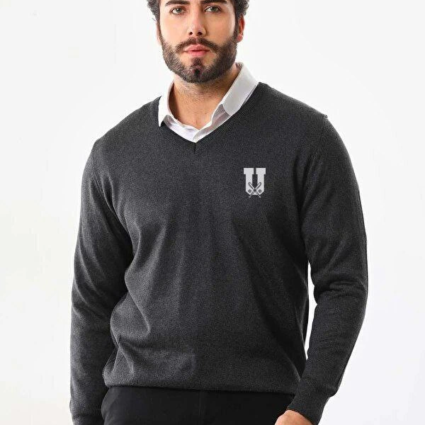 Baskılı V Yaka Uzun Kol Dokuma Triko - Füme -