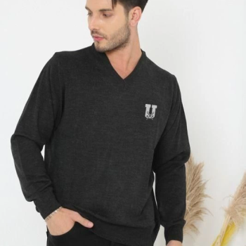 Baskılı V Yaka Uzun Kol Dokuma Triko - Füme -