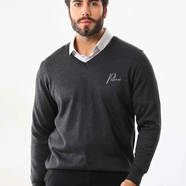 Baskılı V Yaka Uzun Kol Dokuma Triko - Füme -