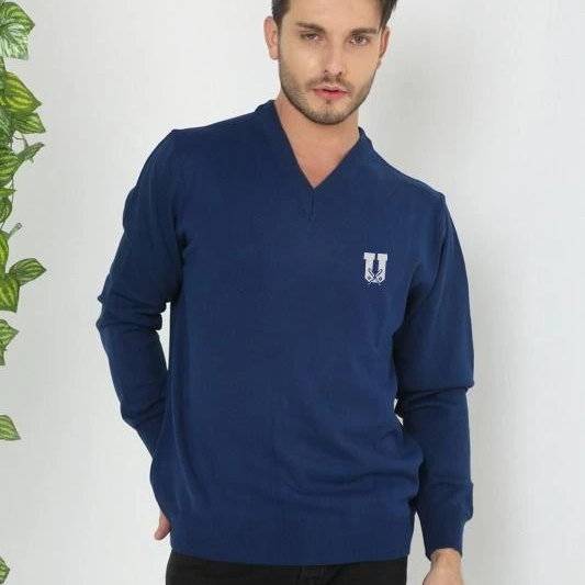 Baskılı V Yaka Uzun Kol Dokuma Triko - Indigo -