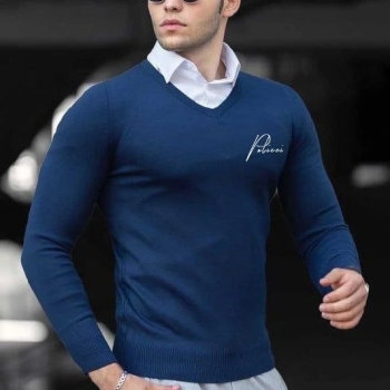 Baskılı V Yaka Uzun Kol Dokuma Triko - Indigo -