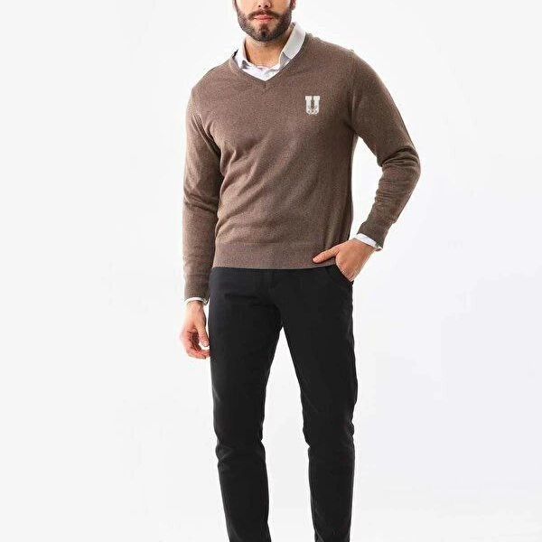 Baskılı V Yaka Uzun Kol Dokuma Triko - Kahve -