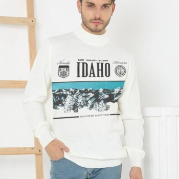 Baskılı Yarım Boğazlı Uzun Kol Dokuma Triko - Beyaz