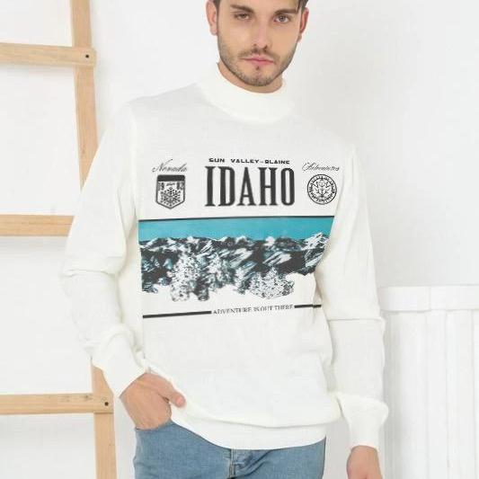 Baskılı Yarım Boğazlı Uzun Kol Dokuma Triko - Beyaz